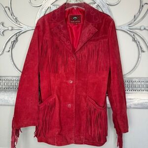 Marc Mattis Red Genuine Leather Suede Fringe Western Jacket Womens Large L